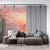Tranquil landscape at sunrise with cherry blossoms and serene water