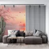 Tranquil landscape at sunrise with cherry blossoms and serene water||