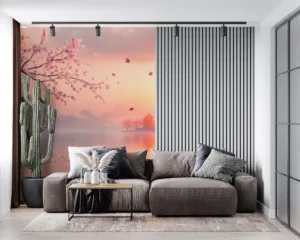 Tranquil landscape at sunrise with cherry blossoms and serene water||