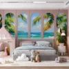 Serene tropical beach with palm trees and ocean.||