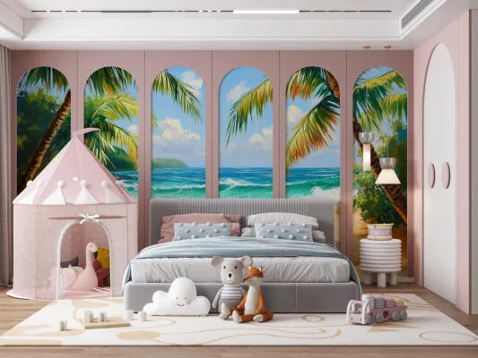 Serene tropical beach with palm trees and ocean.