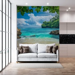 Tranquil tropical beach with clear blue waters and lush greenery||