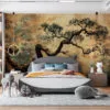 Stylized bonsai tree with twisting trunk and lush green leaves against an earthy background.
