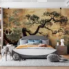 Stylized bonsai tree with twisting trunk and lush green leaves against an earthy background.||