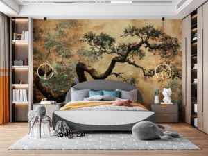 Stylized bonsai tree with twisting trunk and lush green leaves against an earthy background.||