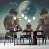 Three figures in spacesuits holding hands in front of Earth in outer space