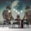 Three figures in spacesuits holding hands in front of Earth in outer space||
