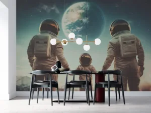 Three figures in spacesuits holding hands in front of Earth in outer space||