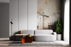 Modern industrial scene featuring construction cranes and buildings under development.||