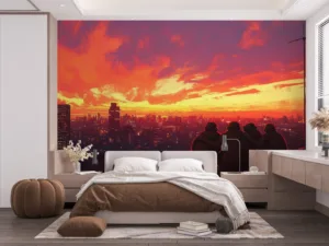 Group of four people on a rooftop overlooking a colorful urban skyline at sunset||