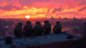 Alternative view of Urban Sunset Monkeys Wall Mural
