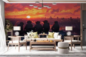 Five monkeys sitting on a rooftop overlooking a vibrant sunset in an urban landscape.||