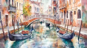 Alternative view of Dreamy Watercolor Cityscape of Venice Wall Mural