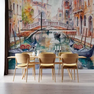 Dreamy watercolor cityscape of Venice with gondolas and bridges