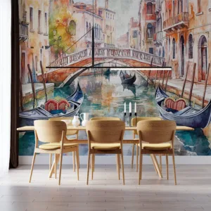 Dreamy watercolor cityscape of Venice with gondolas and bridges||
