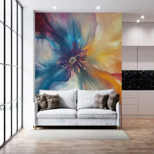 Abstract representation of a flower with vibrant swirling colors and textures.