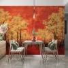 Stylized abstract landscape with trees in autumn colors