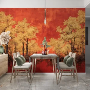 Stylized abstract landscape with trees in autumn colors||