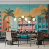 Vibrant mural of Miami's Art Deco district featuring classic cars and palm trees.||
