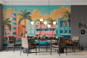 Vibrant mural of Miami's Art Deco district featuring classic cars and palm trees.