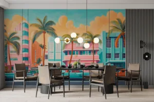 Vibrant mural of Miami's Art Deco district featuring classic cars and palm trees.||