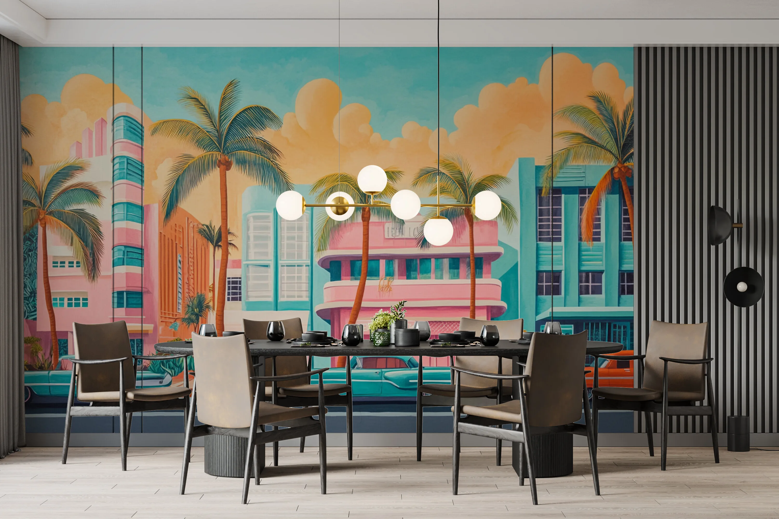 Rendered wallpaper image for Vibrant Art Deco Scene Wall Mural