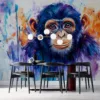 Vibrant watercolor painting of a chimpanzee's face.||