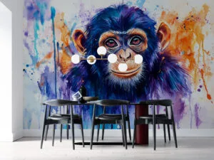 Vibrant watercolor painting of a chimpanzee's face.