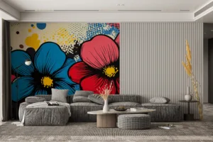Vibrant floral design with blue|pink|and red stylized flowers on a beige background.