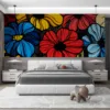 Artistic floral composition in vibrant colors.||and blue with black outlines.