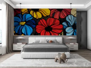Artistic floral composition in vibrant colors.||and blue with black outlines.