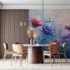 Vibrant floral artwork showcasing a colorful collection of flowers in a dreamy landscape.