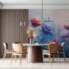Vibrant floral artwork showcasing a colorful collection of flowers in a dreamy landscape.||