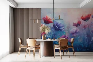Vibrant floral artwork showcasing a colorful collection of flowers in a dreamy landscape.||
