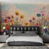 Impressionistic painting of a vibrant flower field with pink