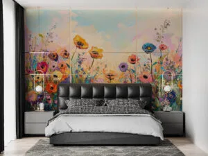 Impressionistic painting of a vibrant flower field with pink