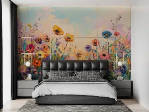Impressionistic painting of a vibrant flower field with pink|orange|yellow