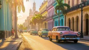 Cuba with vintage classic cars and colorful buildings.