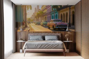 Vibrant urban cityscape of Havana|Cuba with vintage classic cars and colorful buildings.|