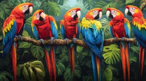 Alternative view of Vibrant Macaws Perched on a Branch Wall Mural
