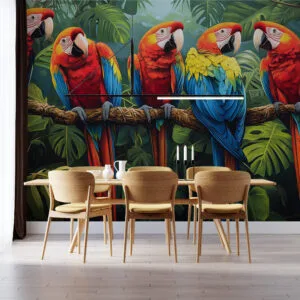 Vibrant Macaws Perched on a Branch Wall Mural
