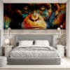 Vibrant monkey portrait with intricate patterns and bold colors in an artistic setting.