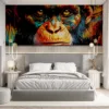 Vibrant monkey portrait with intricate patterns and bold colors in an artistic setting.||