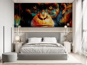 Vibrant monkey portrait with intricate patterns and bold colors in an artistic setting.