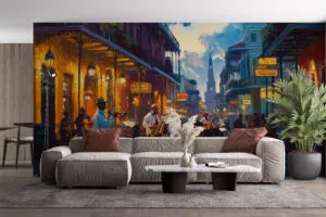 Lively street scene in New Orleans French Quarter with musicians and historic architecture.