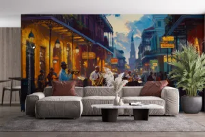 Lively street scene in New Orleans French Quarter with musicians and historic architecture.||