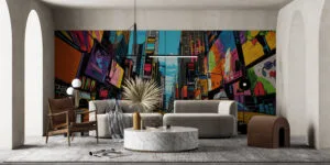 Pop-art inspired vibrant New York City scene with yellow taxis and colorful advertisements.
