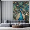 Vibrant peacock with fanned feathers in artistic representation||