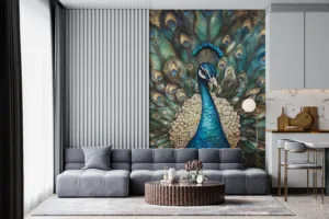 Vibrant peacock with fanned feathers in artistic representation||