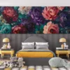 Vibrant floral arrangement of colorful roses in thick brushstrokes||